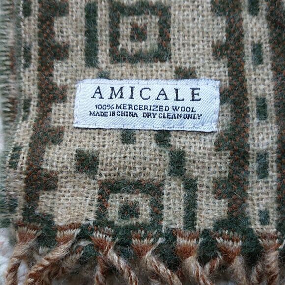 Amicale Scarf Beige Brown 100% Mercerized Wool Ethnic Geometric Fringes Unisex - Picture 6 of 6